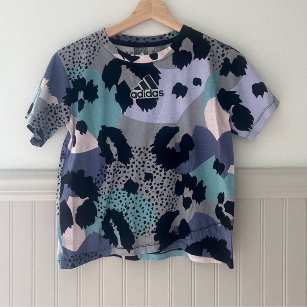 adidas Girls Large 14 Kids Short Sleeve Tee Blue Purple Black Animal Print